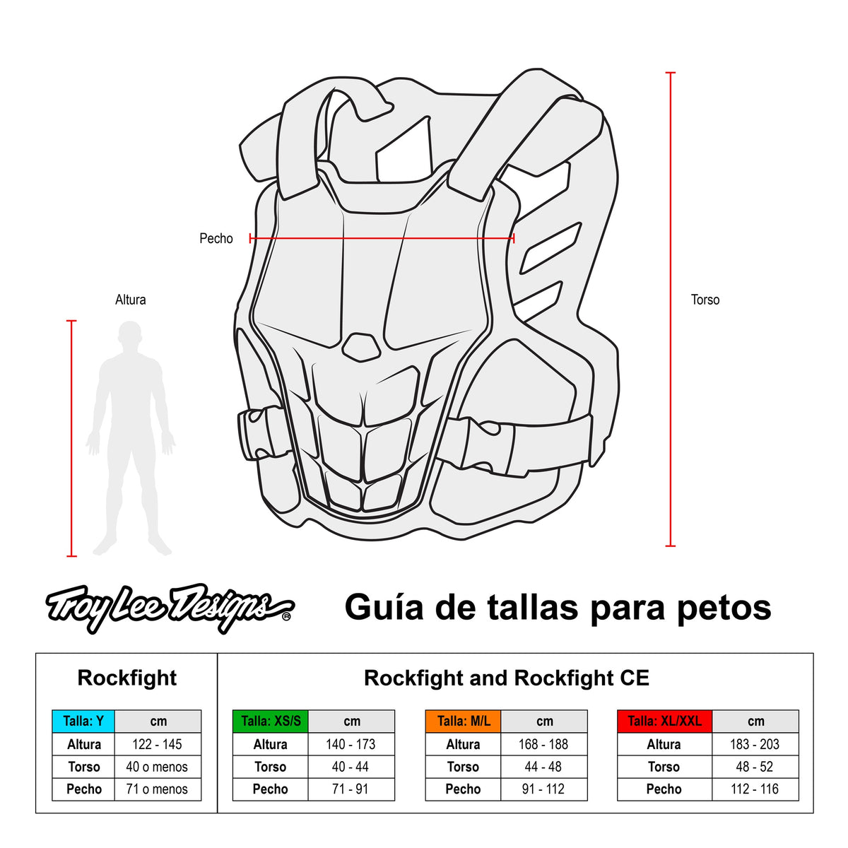 Tabla de tallas — Peto protector de pecho Troy Lee Designs Rockfight Blanco
