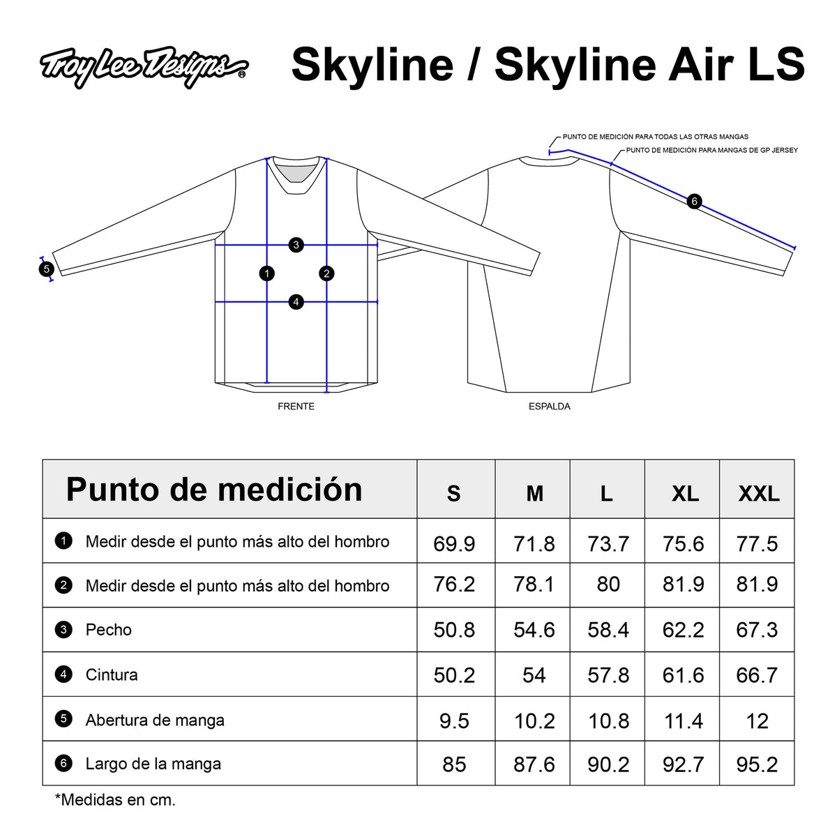 Tabla de tallas — Jersey manga larga para MTB Skyline Pro Air; Ridgeline Stone