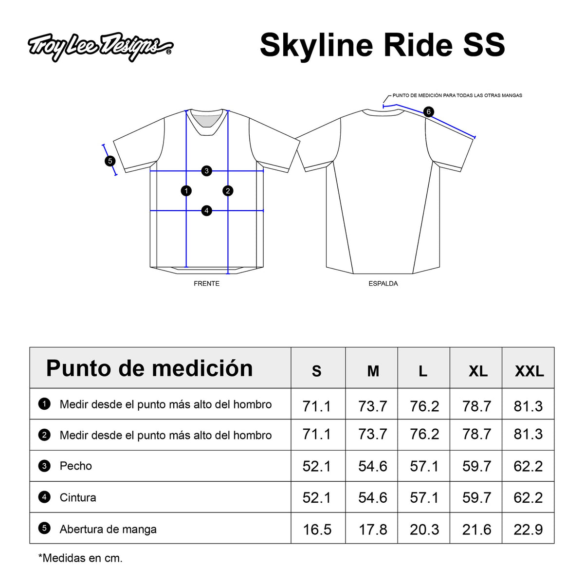 Tabla de tallas — Playera manga corta para MTB Skyline Ride; One Eye Aero Blue