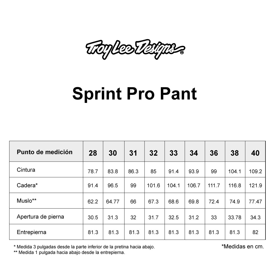 Tabla de tallas — Pantalón para MTB Sprint Pro; Mono Black