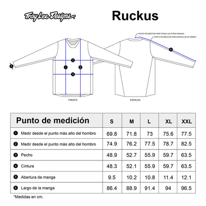 Tabla de tallas — Playera manga larga para MTB Ruckus Ride; Waves Dawn Blue