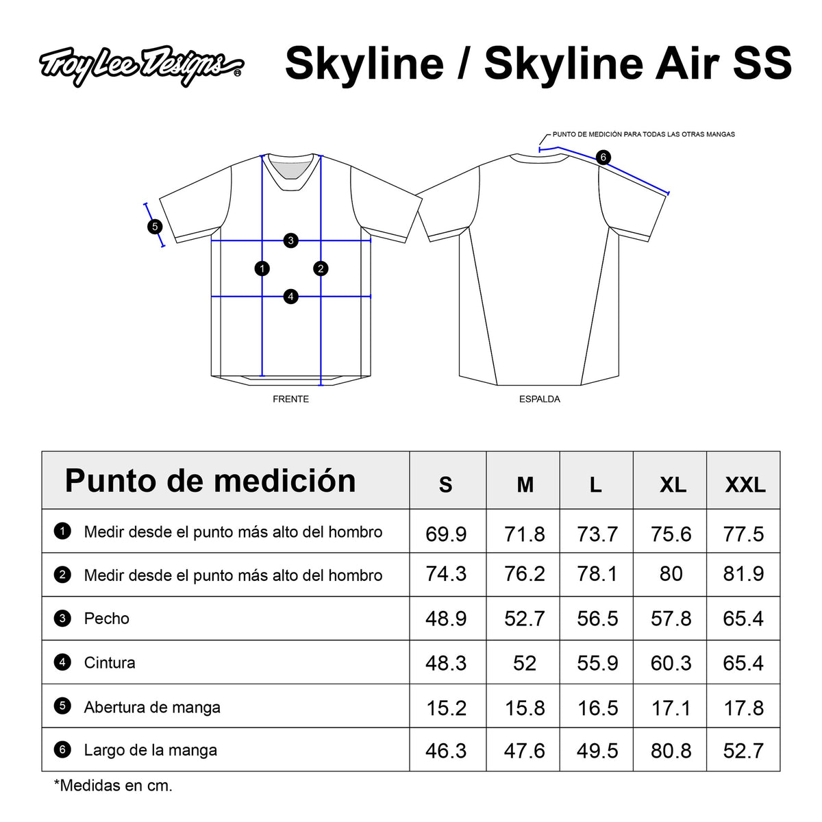 Tabla de tallas — Jersey manga corta para MTB Skyline Pro Air; Ridgeline Stone
