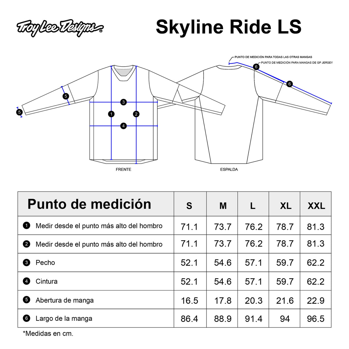 Tabla de tallas — Playera manga larga para MTB Skyline Ride; One Eye Aero Blue