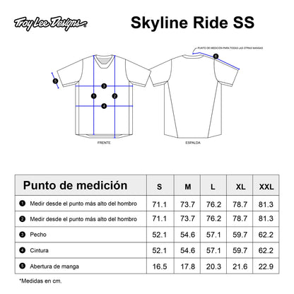 Tabla de tallas — Playera manga corta para MTB Skyline Ride; One Eye Aero Blue