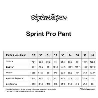 Tabla de tallas — Pantalón para MTB Sprint Pro; Mono Black
